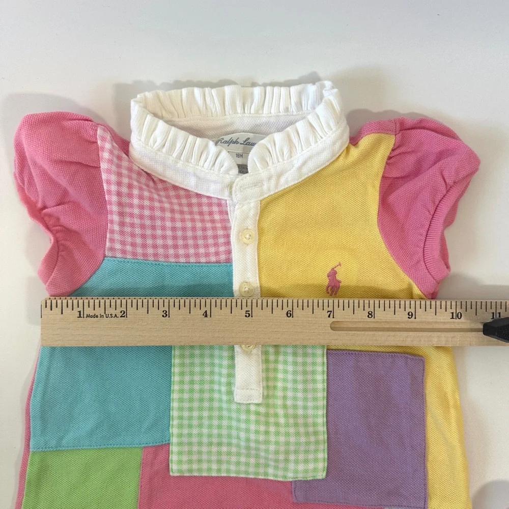 Ralph Lauren Patchwork Pastel Baby Girls Frill Polo Dress 18M Pony Madras‎ Retro
